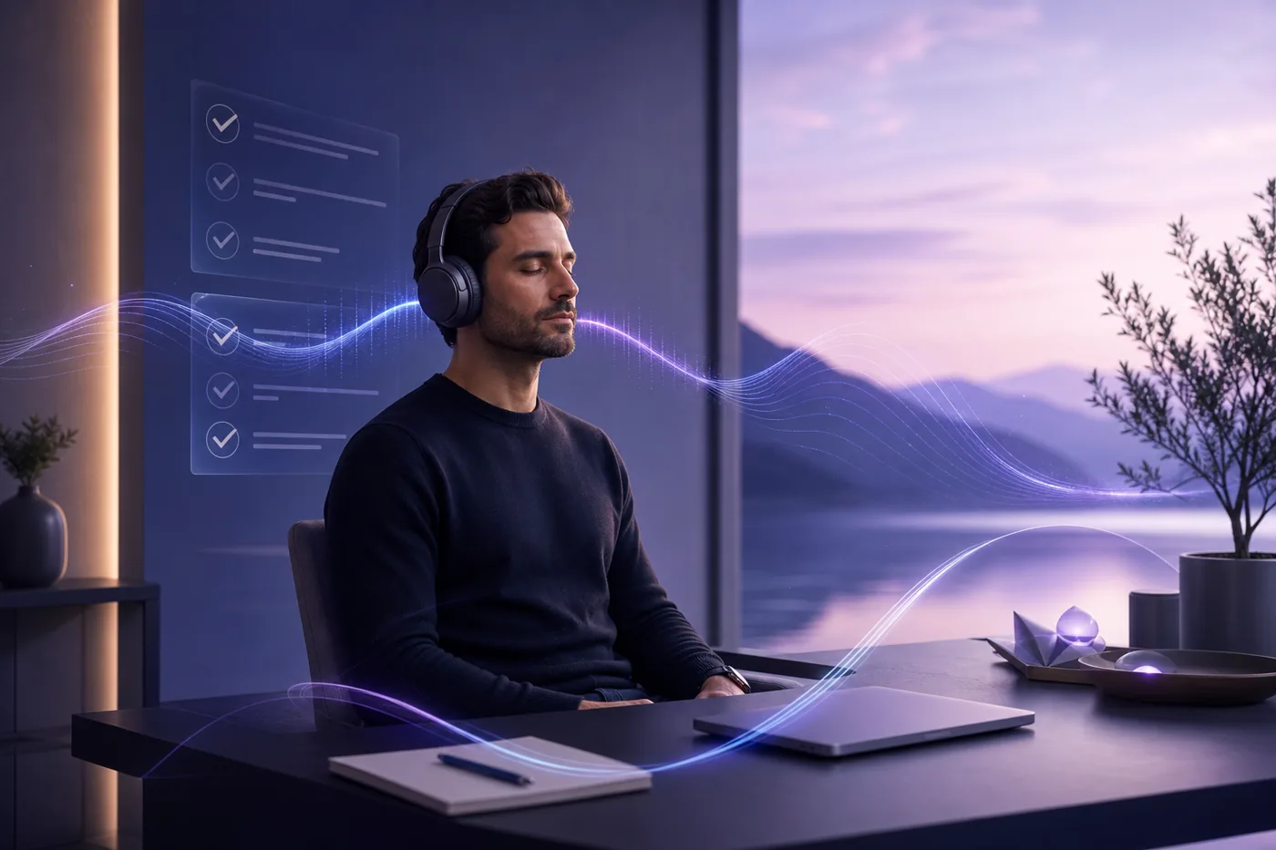 Focused headphone routine workspace for Genius Switch audio guide