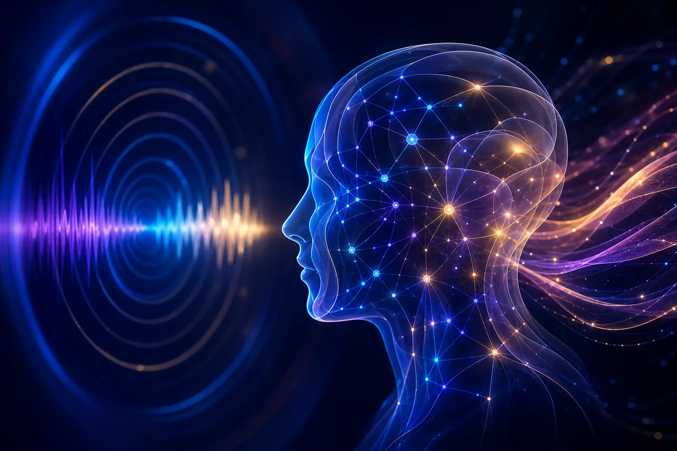 Abstract sound waves moving through a luminous network to illustrate the advertiser's audio concept