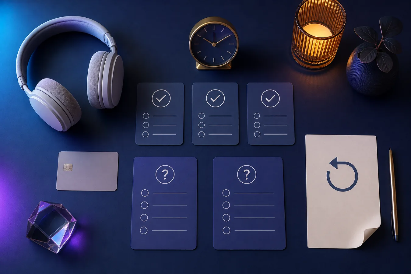 Unbranded headphones, clock and abstract buyer-check cards arranged on a dark decision desk