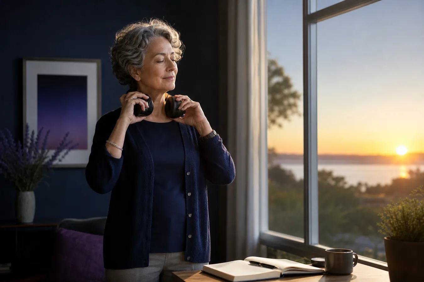 Adult finishing a quiet headphone session by a bright morning window with a notebook