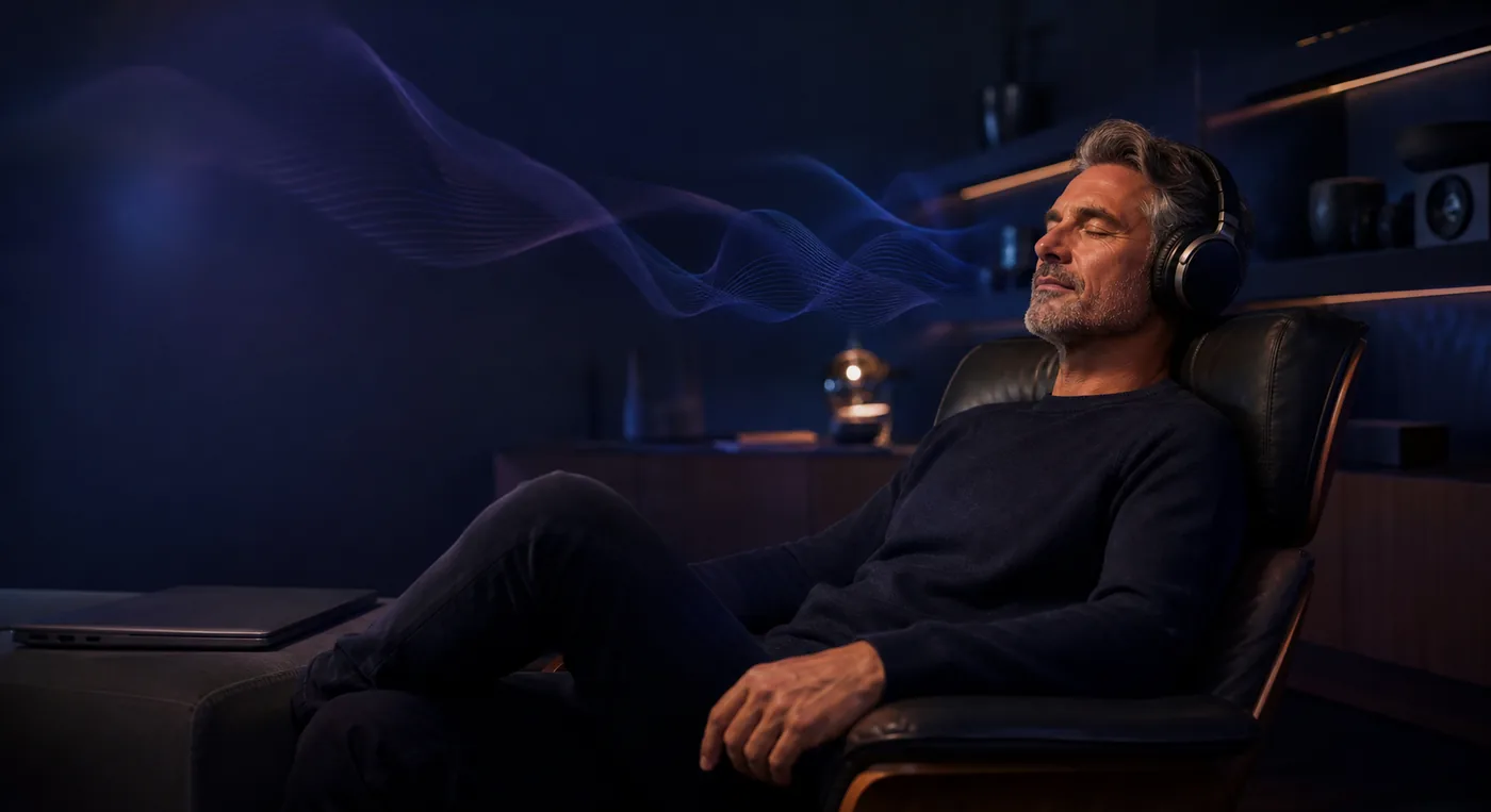Thoughtful adult evaluating a digital audio routine in a softly lit listening room