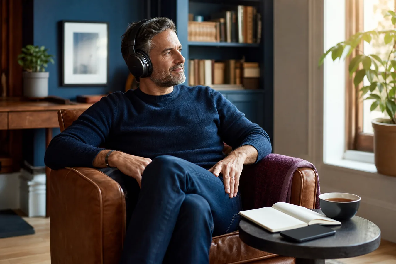 Adult using headphones beside a notebook and tea in a calm home listening routine